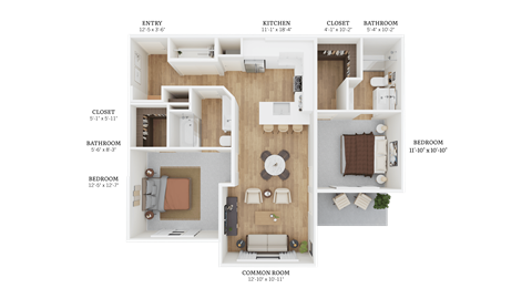 Floor plan for 2 beds, 2 baths, 1122 sqft
